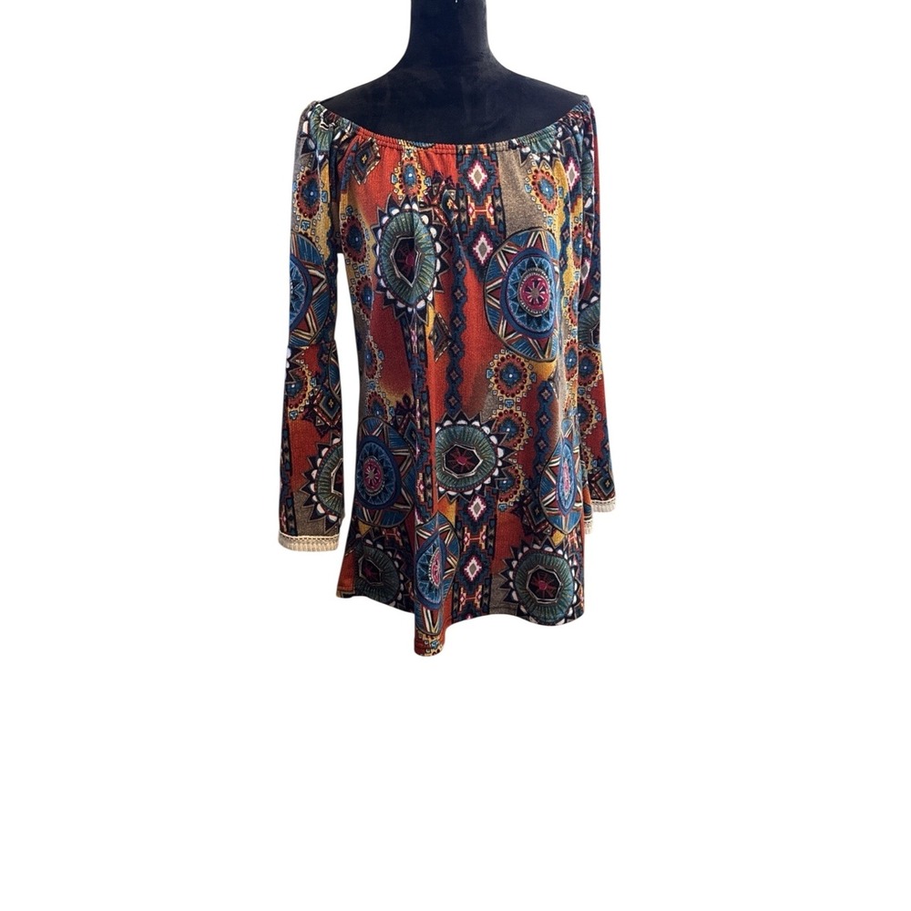 Win Win Women's Aztec Print Tunic Top Multicolor Lace Trim Bell Sleeve S/M